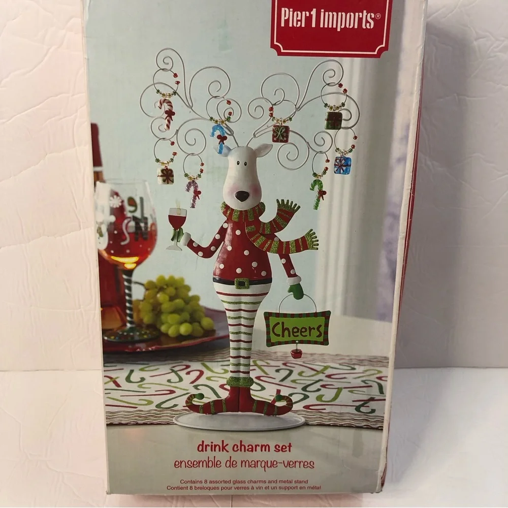 Pier One Imports Drink Charm Set Reindeer Wine 8 Charms Christmas New
